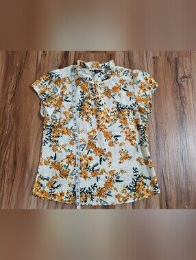 Shein Size Small Floral Ruffle Neck Cap-Sleeve Top - Yellow Floral